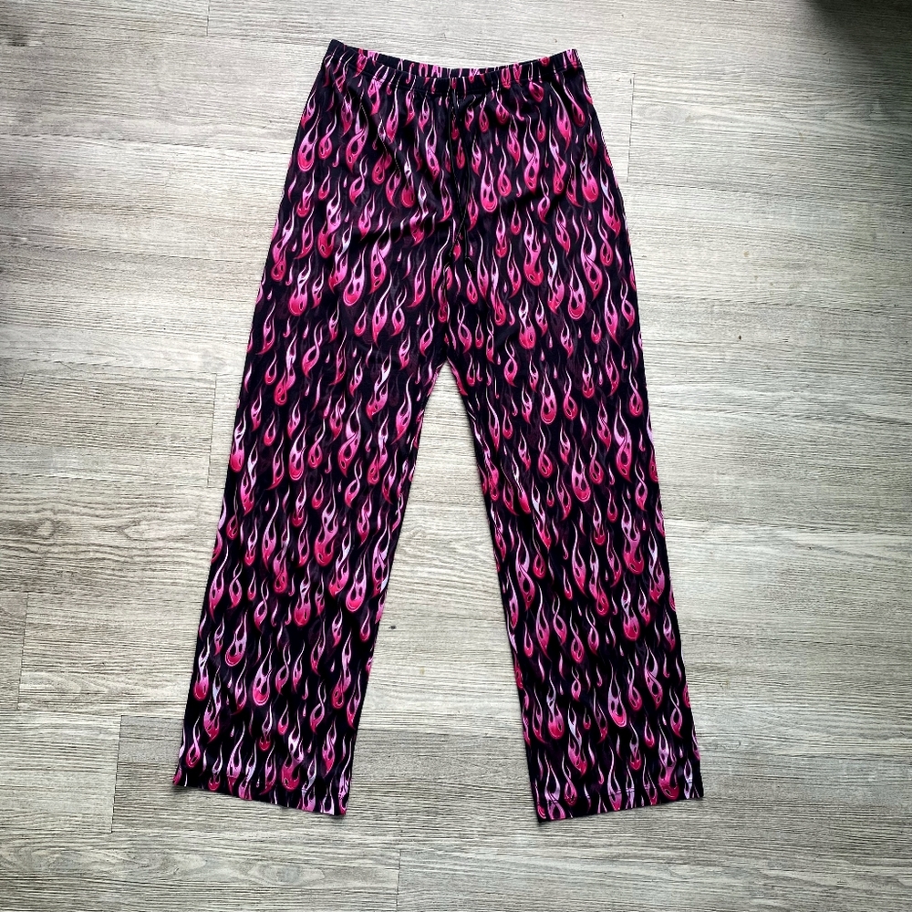 Wide Leg Pants Pink Fire Flames Graphic Mesh Size Medium